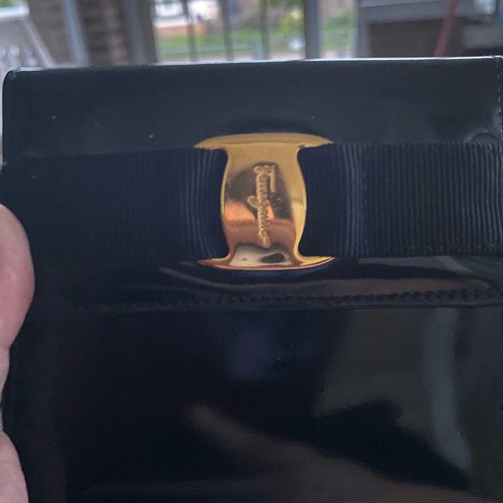 AUTHENTIC SALVATORE FERRAGAMO Black Patent Leather WALLET with Gold Accent